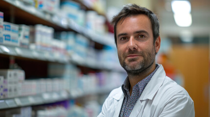 Obraz premium Portrait of a male pharmacist in a pharmacy. On a blurred background