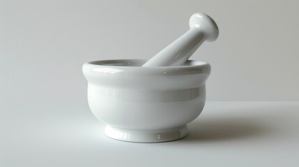 White mortar and pestle on a table, perfect for culinary or medical concepts - obrazy, fototapety, plakaty