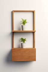 b'Two potted plants on a wooden shelf against a white wall'