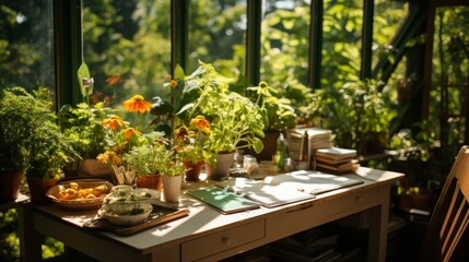 Fototapeta na wymiar b'A sunny and bright home office with a large window and lots of plants'