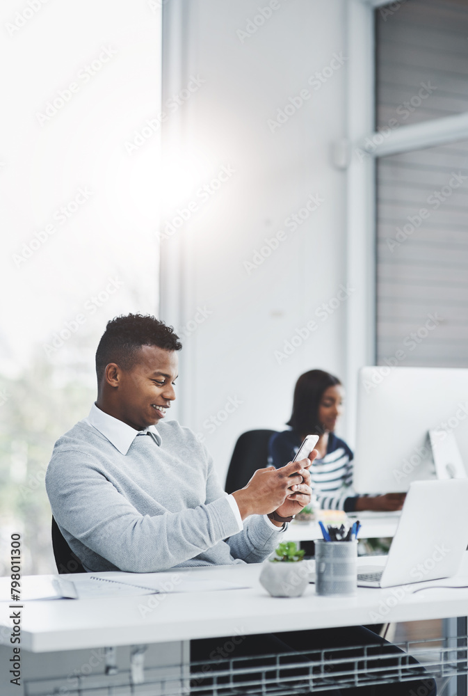 Aufkleber office, business and man with cellphone, typing and connection with social media, digital app and me