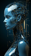 b'Blue and gold illustration of a female cyborg'