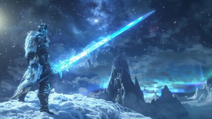 Adorned with delicate ice crystals and shimmering auroras a fierce warrior stands atop a glacier wielding a sword made of pure ice. . .