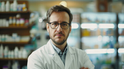Fototapeta premium Portrait of a male pharmacist in a pharmacy. On a blurred background