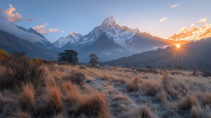 b'Himalayas mountain range landscape with Ama Dablam peak at sunrise'