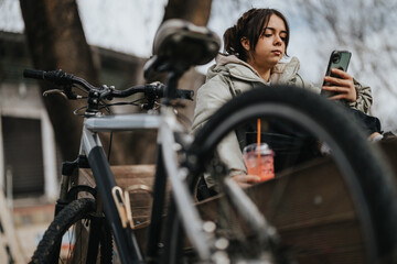 A young woman enjoys a peaceful moment in the park with her bike and mobile phone, embodying...