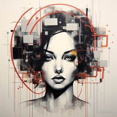 Monochrome Woman Portrait Art. Beauty of a Sculptured Muse. Abstract Graphic Female Face Illustration. 