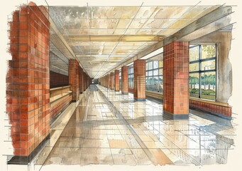 b'Long university corridor perspective drawing'