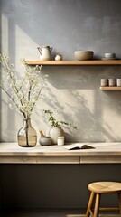 b'A beautiful still life image of a desk with a vase of flowers, a book, and a cup'