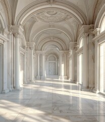 ornate hallway with marble floor and arched ceiling