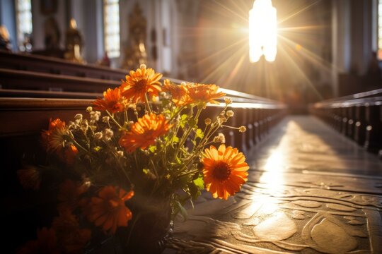 b'Sunlight shining through church window onto flowers'