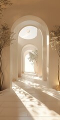 b'Futuristic building interior with arched openings and trees'
