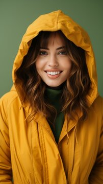 b'Young woman in a yellow raincoat smiling'