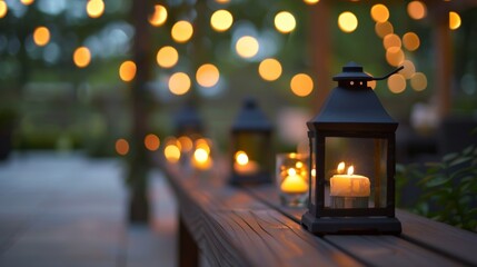 Small lanterns filled with flickering candles line the perimeter of the patio adding a touch of romance to the intimate gathering. 2d flat cartoon.