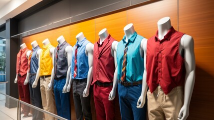 b'Male mannequins dressed in colorful shirts and pants'