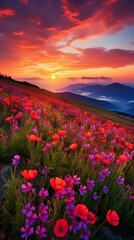 b'Field of red and purple flowers with a sunset in the background'
