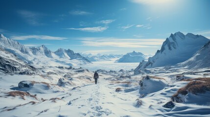 b'A lone hiker traverses a snowy mountain landscape'