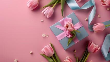 Capture the essence of Mother s Day with a delightful arrangement a top down snapshot featuring a blue gift box adorned with a charming ribbon accompanied by a lovely bouquet of pink tulips