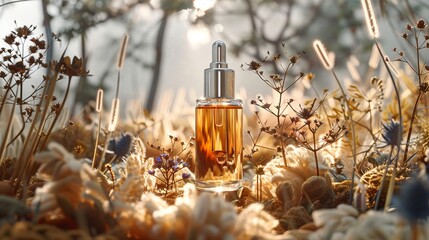 Elegant dropper bottle with a backdrop of warm beige tones and dried botanical elements, showcasing eco-friendly skincare in high detail, hyper-realistic