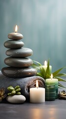 b'Zen stones and candles with green leaves and towel'