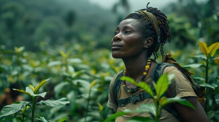 A beautiful black woman standing in a lush green field, wearing a brown leather backpack and a colorful beaded necklace  - Generative AI