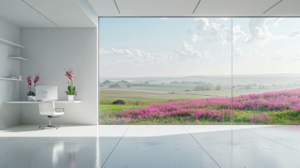 Minimalist home office with a view of a field of flowers - obrazy, fototapety, plakaty
