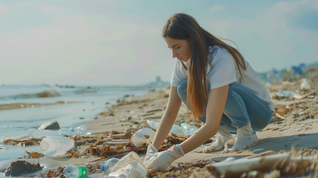 Environmental Advocacy: A powerful photograph of a beautiful girl in a body participating in a beach clean-up, exemplifying her commitment to environmental conservation and activis