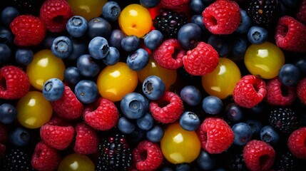 b'A variety of berries including raspberries, blueberries, and yellow and black currants'