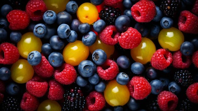 b'A variety of berries including raspberries, blueberries, and yellow and black currants'