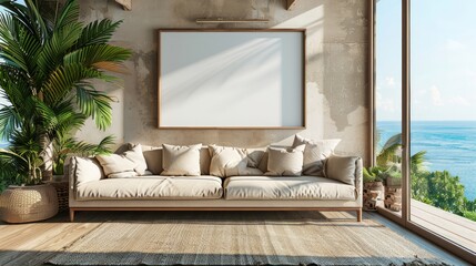 A large white couch is in a room with a large window overlooking the ocean. The room is decorated with a potted plant and a vase. The room has a modern and minimalist design