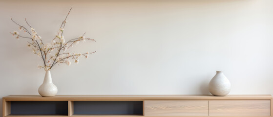 The living room showcases modern minimalism with white tones, grey floors, oak furniture, and soft natural light, capturing contemporary simplicity and elegance