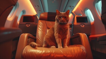 Pets on Board: Cats Flying in Airplane Cabin. Cute cat comfortably seated in plane cabin chairs,...