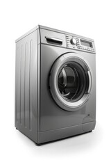 A modern silver washing machine on a clean white surface. Suitable for household appliance advertisements