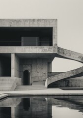 b'Black and white photo of a brutalist concrete house'