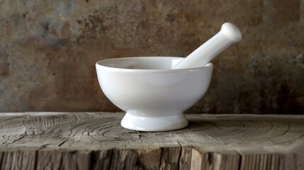 A white mortar and pestle on a wooden table, perfect for kitchen and cooking concepts - obrazy, fototapety, plakaty