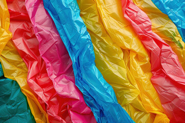 A pattern made of colorful plastic bags, symbolizing plastic pollution and environmental concerns.

