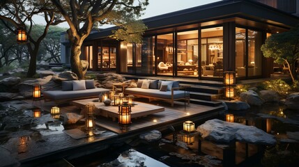 b'Modern Asian house with minimalist garden and pond'