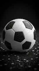 b'Black and white soccer ball with water drops on a black background'