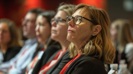 Obraz premium Closing Remarks: Photos of office employees reflecting on conference highlights and key takeaways during closing remarks, office employees at a conference