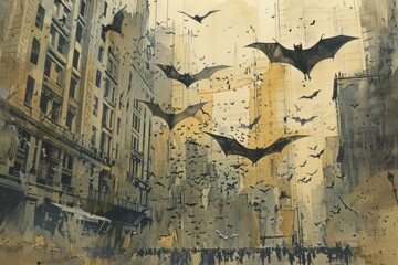 Artistic depiction of bats soaring over urban streets, with a sepia-toned cityscape and abstract splatter textures.