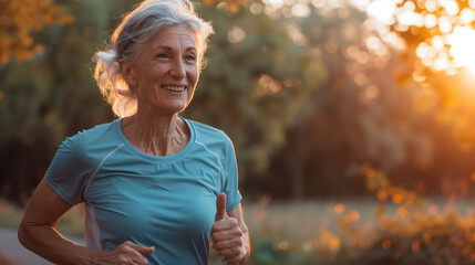 Morning Sunrise Jog: A woman 50 plus jogging along a serene path as the sun rises, enjoying the peacefulness of the early morning, woman 50 plus jogging