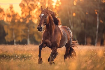 Obraz premium A beautiful image capturing a majestic horse galloping freely in a field, with the golden glow of the sunset enveloping the scene.