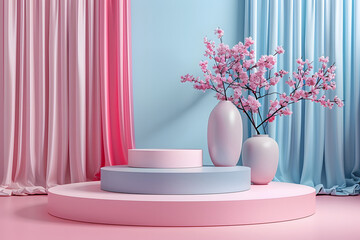 Modern Minimalist Product Display with Pastel Curtains and Cherry Blossoms