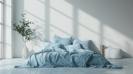 A white room with a blue bed and a white vase. The room is very clean and organized