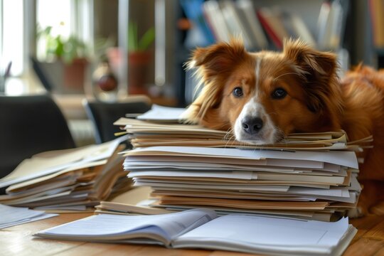 Documenting Pet Travel: Cute dog sits beside a table piled high with stacks of documents, concept of pet documentation and animal transportation logistics.