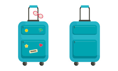 Two travel suitcases with stickers in flat style. Luggage bags for travel. Vector illustration. Isolated on white background. 