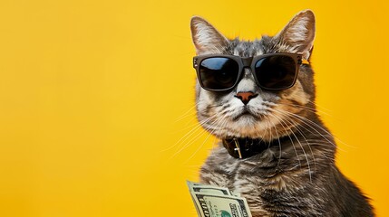 A cool cat wearing sunglasses is holding a wad of money. The cat is sitting on a yellow background and looking at the camera. - obrazy, fototapety, plakaty