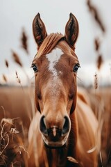 Horses grazing in green field with copy space, vertical view for farm animal photography
