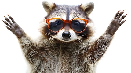 A raccoon wearing sunglasses is looking at the camera with its paws in the air. It is isolated on a...