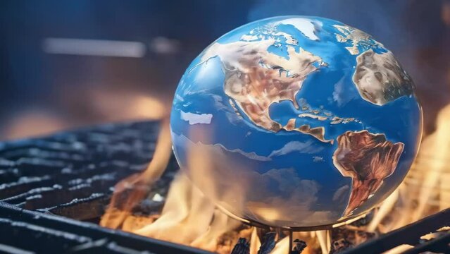 Illustrative image of Earth on fire to symbolize climate change and environmental emergency, Concept of sustainability challenges and global crisis
